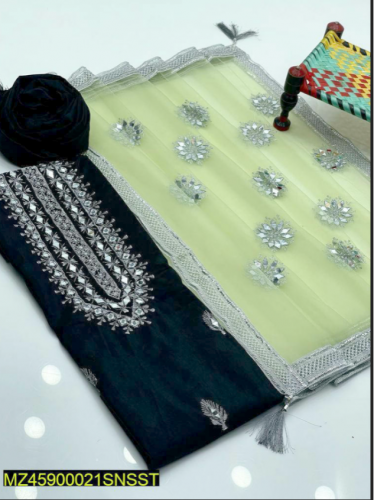 3 PCs Women Unstitched Katan Silk Embroidered Suit