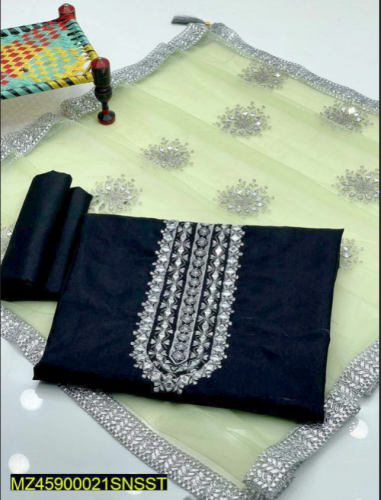 3 PCs Women Unstitched Katan Silk Embroidered Suit