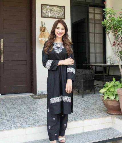 2 Pcs Women's Stitched Arabic Lawn Embroidered Suit 