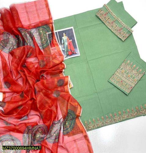 3 Pcs woman's unstitched Embroidered Lawn suit
