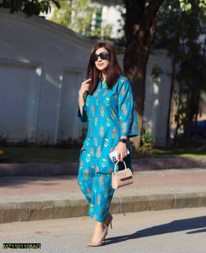 2 PCs woman,s Stitched linen block printed suit