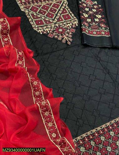 3 Pcs Women's Unstitched Lawn Embroidered Suit 