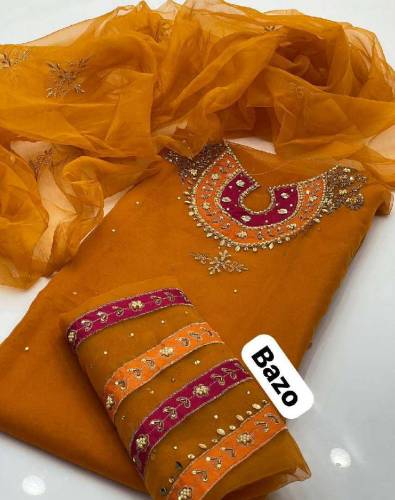 2 Pcs Women's Unstitched Organza Embroidered Suit 