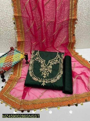 3 Pieces Women,s Unstiched Organza Embroidered Suit 