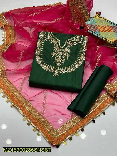 3 Pieces Women,s Unstiched Organza Embroidered Suit 