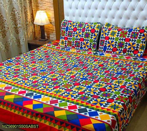 3 Pcs Cotton printed double bed bedsheets