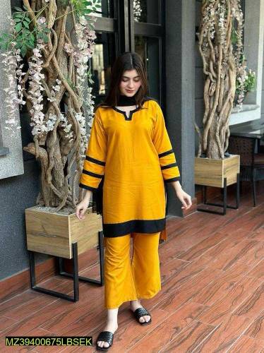 2 pcs women Stitched Arabic Lown plain Co-order suit 