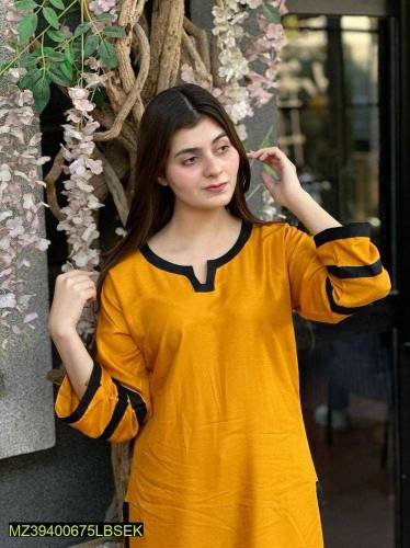 2 pcs women Stitched Arabic Lown plain Co-order suit 