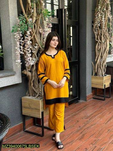 2 pcs women Stitched Arabic Lown plain Co-order suit 