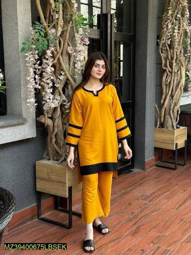2 pcs women Stitched Arabic Lown plain Co-order suit 