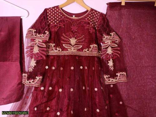 3 pes woman's stitched fancy net embroidered Maxi