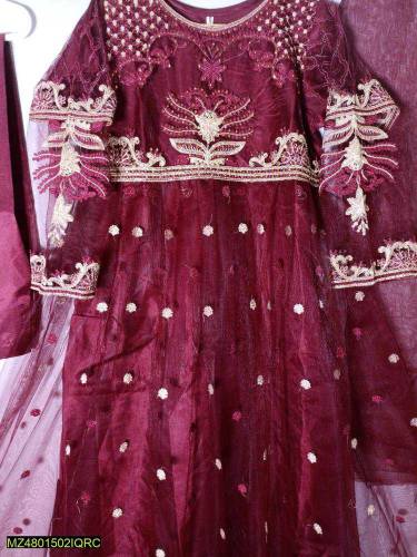 3 pes woman's stitched fancy net embroidered Maxi