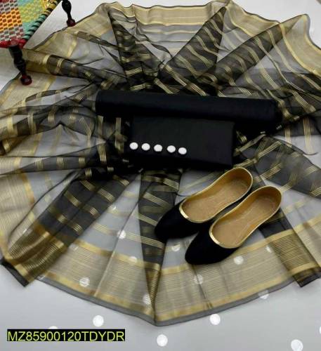 3 Pcs women s Unstitched Fancy Katan Slik plain Suit With Khussa 