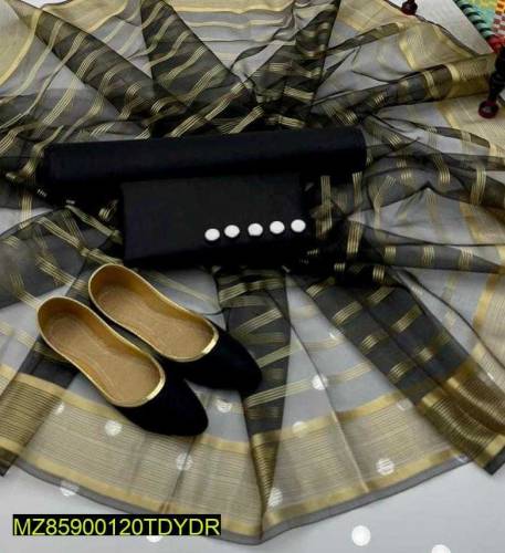 3 Pcs women s Unstitched Fancy Katan Slik plain Suit With Khussa 
