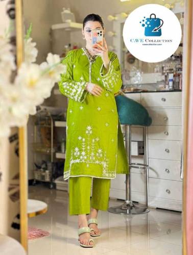 Lace Work On Neck,Sleeves,Border With Embroidered Shirt,Trouser 2Pcs