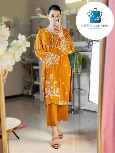 Lace Work On Neck,Sleeves,Border With Embroidered Shirt,Trouser 2Pcs
