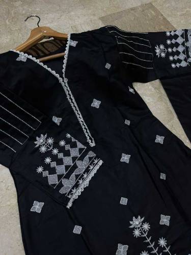 Lace Work On Neck,Sleeves,Border With Embroidered Shirt,Trouser 2Pcs
