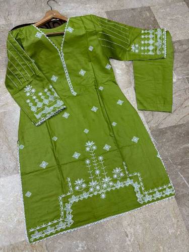 Lace Work On Neck,Sleeves,Border With Embroidered Shirt,Trouser 2Pcs