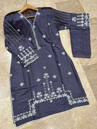 Lace Work On Neck,Sleeves,Border With Embroidered Shirt,Trouser 2Pcs
