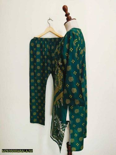 2 Pcs Women's Stitched Lawn Printed Shirt And Trouser