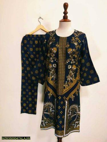2 Pcs Women's Stitched Lawn Printed Shirt And Trouser