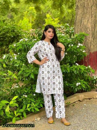 2 pcs stitched women linen printed suit