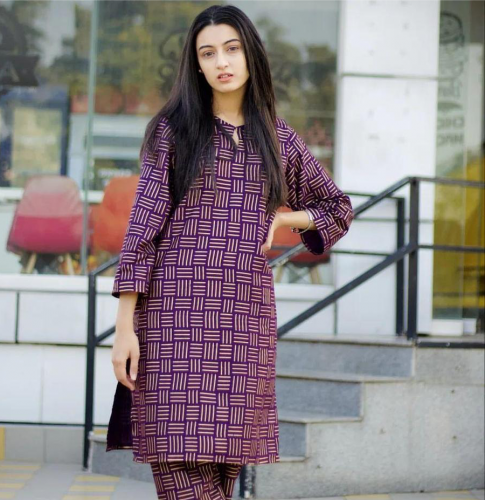 2 pcs stitched women linen printed suit