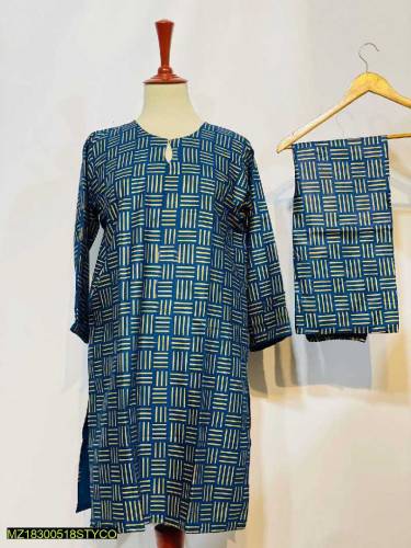 2 pcs stitched women linen printed suit