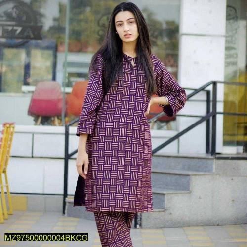 2 pcs stitched women linen printed suit
