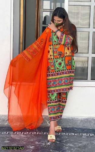 3Pc Women's Unstitched Lawn Printed Suit