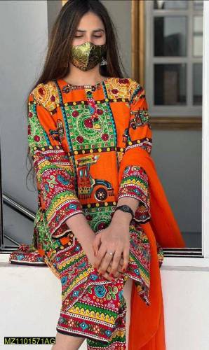 3Pc Women's Unstitched Lawn Printed Suit
