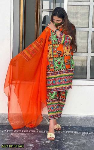 3Pc Women's Unstitched Lawn Printed Suit