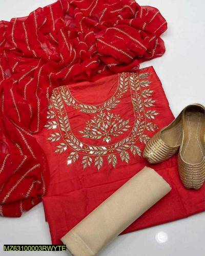 3 pcs woman's unstitched katan silk mirror work suit