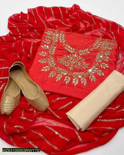 3 pcs woman's unstitched katan silk mirror work suit
