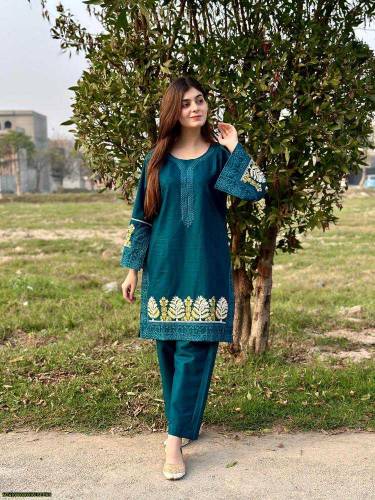 2 pcs woman's stitched cotton Embroidered shirt and  Trouser