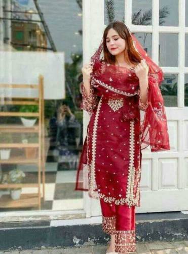 3pcs women  stiched organza embroidery suit 