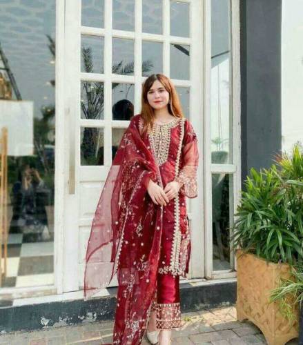 3pcs women  stiched organza embroidery suit 