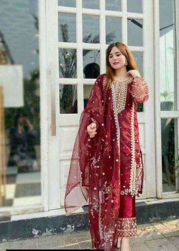 3pcs women  stiched organza embroidery suit 
