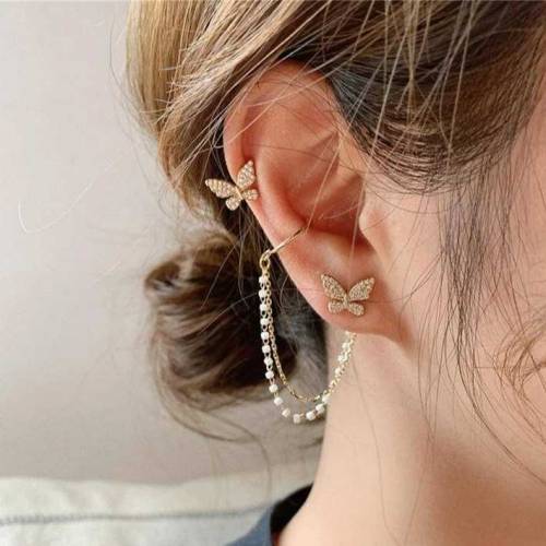 Butterfly metal chain tassel stud earring 