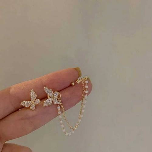 Butterfly metal chain tassel stud earring 