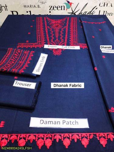 •  Fabric: Dhanak•  Shirt: Embroidered•  Trouser: Plain•  Dupatta: Dha