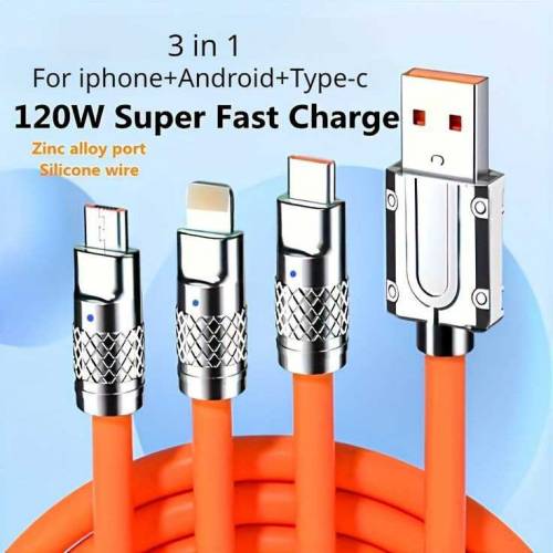 3 in 1 6A 120W USB Fast Charger Cable For Iphone Micro USB C Type C Ch