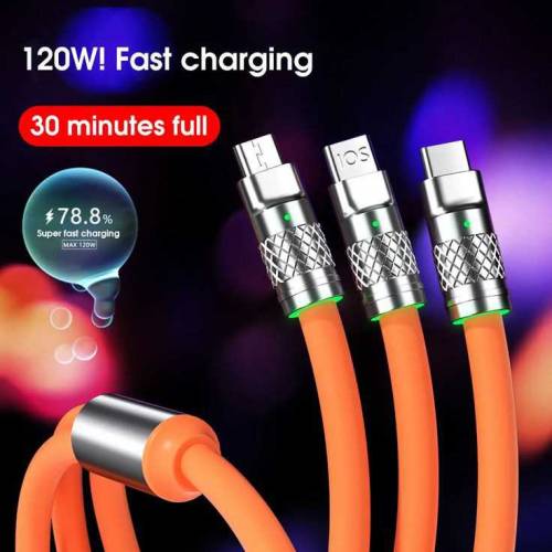 3 in 1 6A 120W USB Fast Charger Cable For Iphone Micro USB C Type C Ch