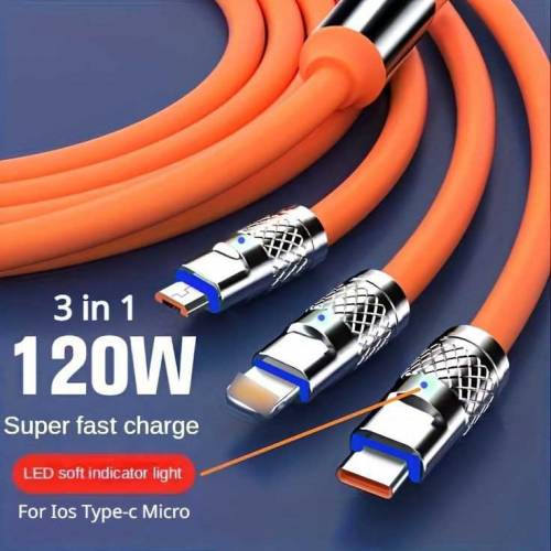 3 in 1 6A 120W USB Fast Charger Cable For Iphone Micro USB C Type C Ch
