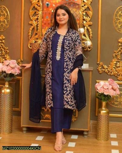3 pcs women's stitched shamoz silk embroidered suit 