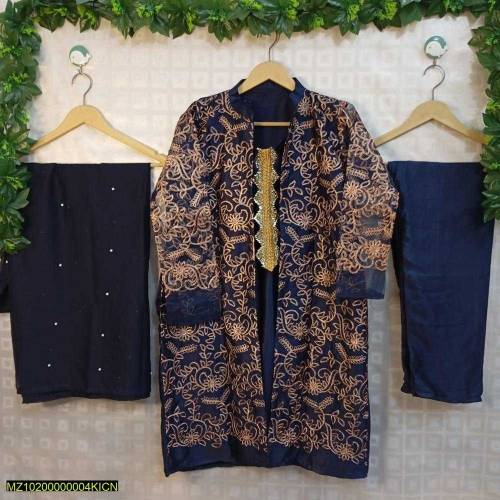 3 pcs women's stitched shamoz silk embroidered suit 