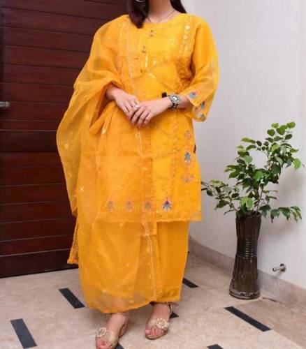 3 Pcs women's stitched fancy Organza embroidered suit 03060304243 