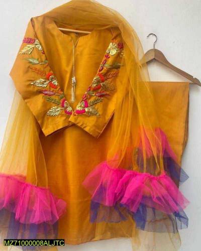 *Product *: 3 Pcs Women's Stitched Fancy Katan Silk Embroidered Suit