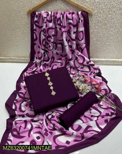 3 pcs women unstitched katan silk printed suit
