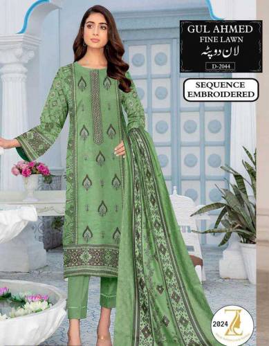 3 pcs woman's unstitched lawn sequins embroidered suits 
